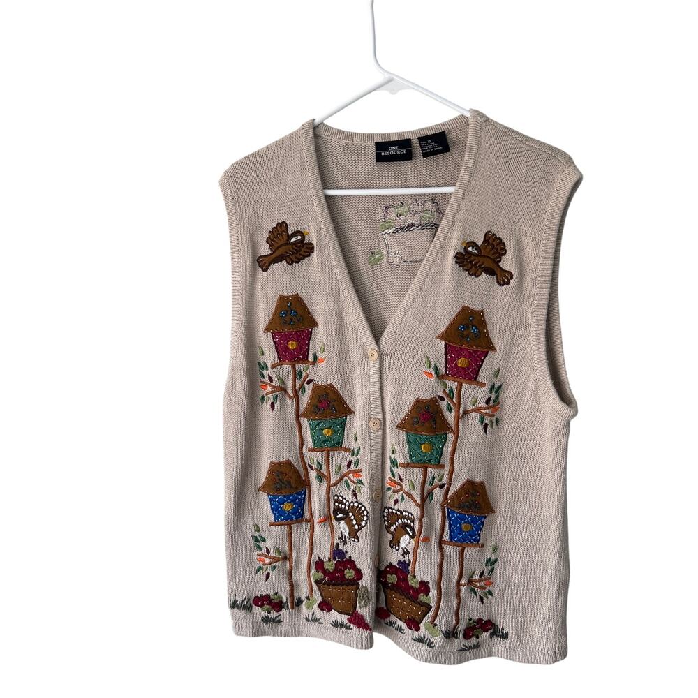 One Resource Cream Birdhouse Garden Embroidered and Beaded Vest Extra Large